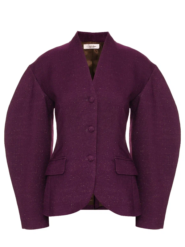 Жакет с круглыми плечами приталенный фиолетовый с люрексом