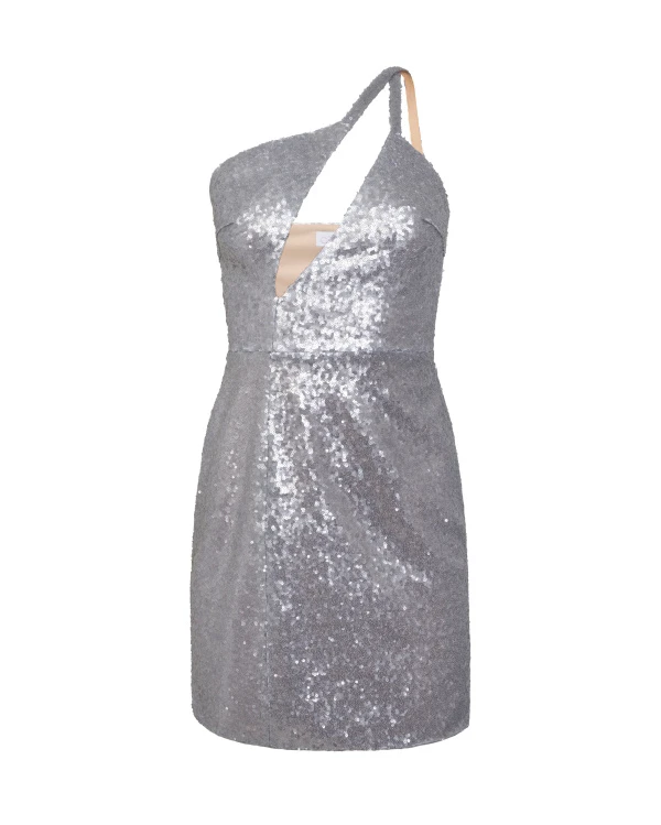 Платье мини из серебряных пайеток асимметричное 