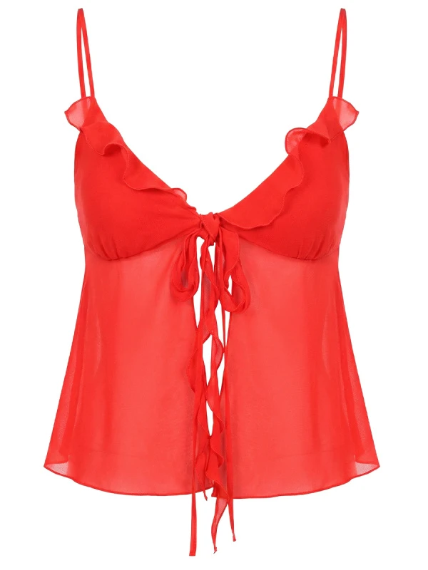 Топ из шелкового шифона красный с воланами на завязках