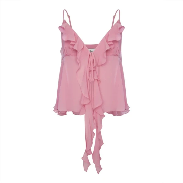 Топ из шелкового шифона розовый с воланами на завязках