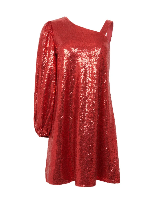 Платье из красных пайеток асимметричного кроя