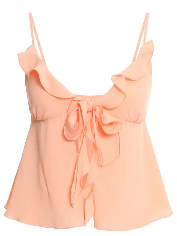 Топ шелковый с воланами на завязках персикового цвета